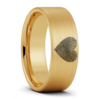 A custom heart fingerprint brushed gold tungsten men's wedding band displayed on a plain white background.