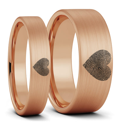 Custom Heart Fingerprint Brushed Tungsten Couple's Matching Ring Set