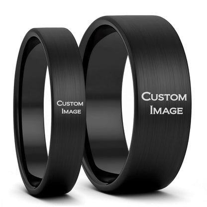 Custom Image Engraved Brushed Tungsten Couple's Matching Ring Set