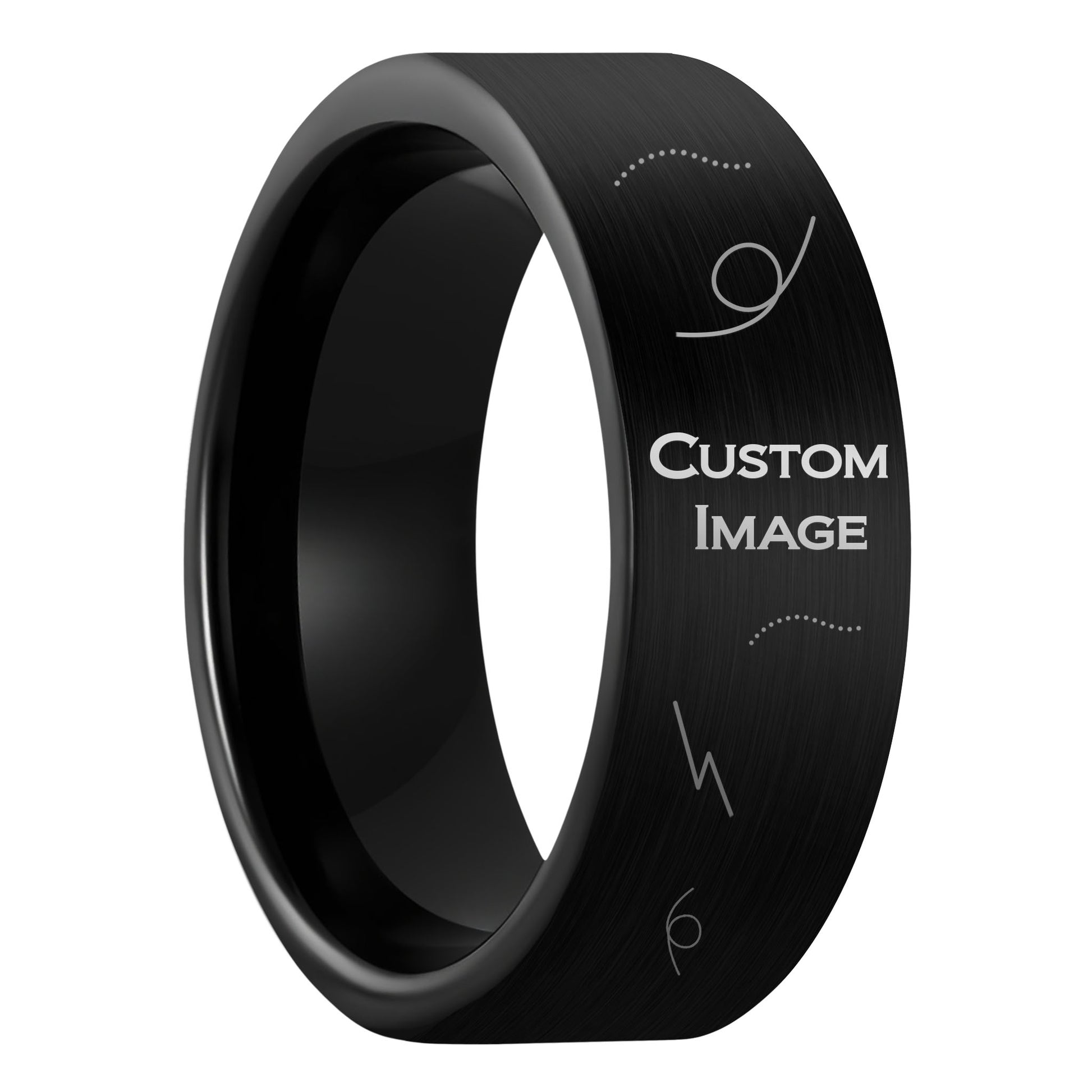 A custom image engraved brushed black tungsten men's wedding band displayed on a plain white background.