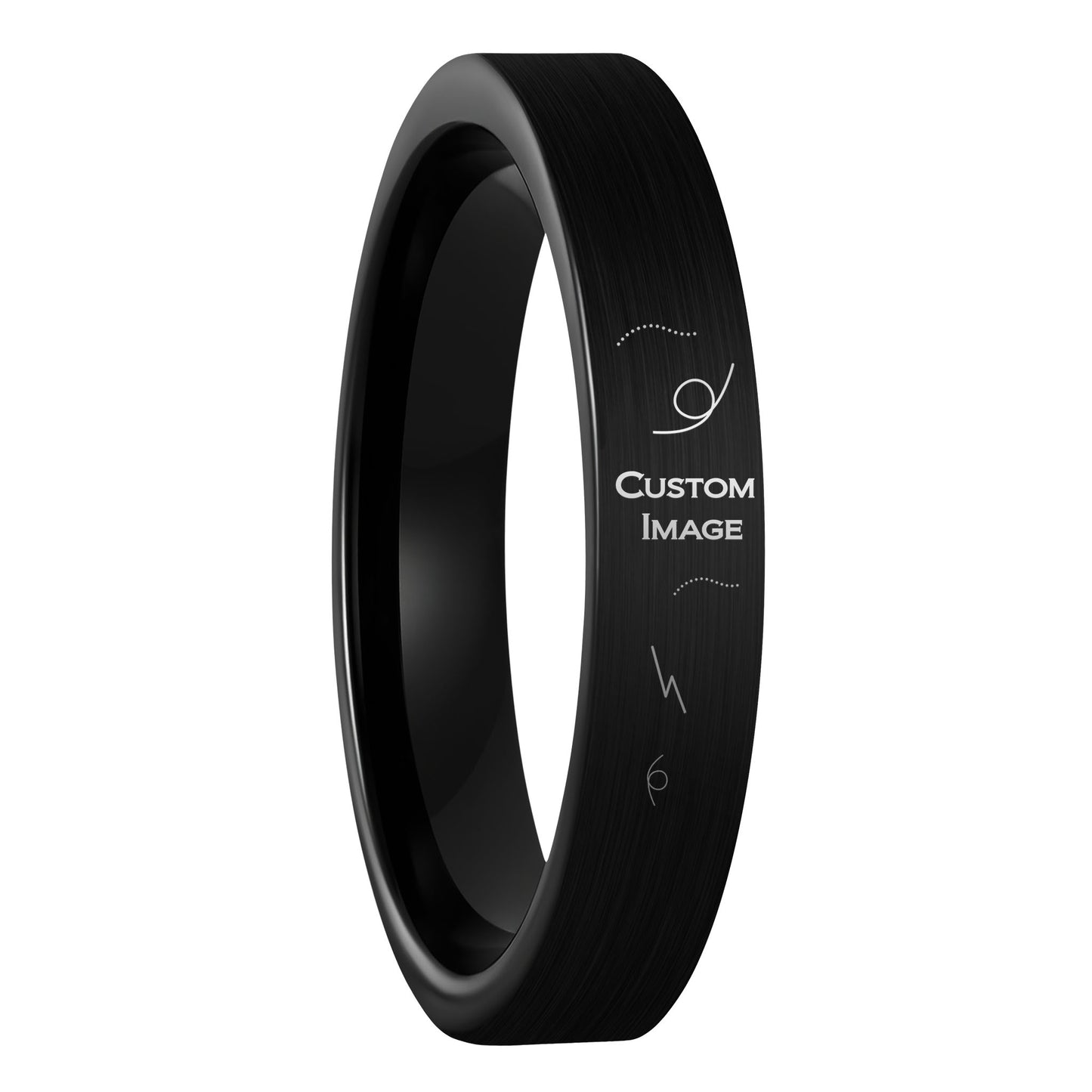 A custom image engraved brushed black tungsten women's wedding band displayed on a plain white background.