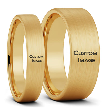 Custom Image Engraved Brushed Tungsten Couple's Matching Ring Set