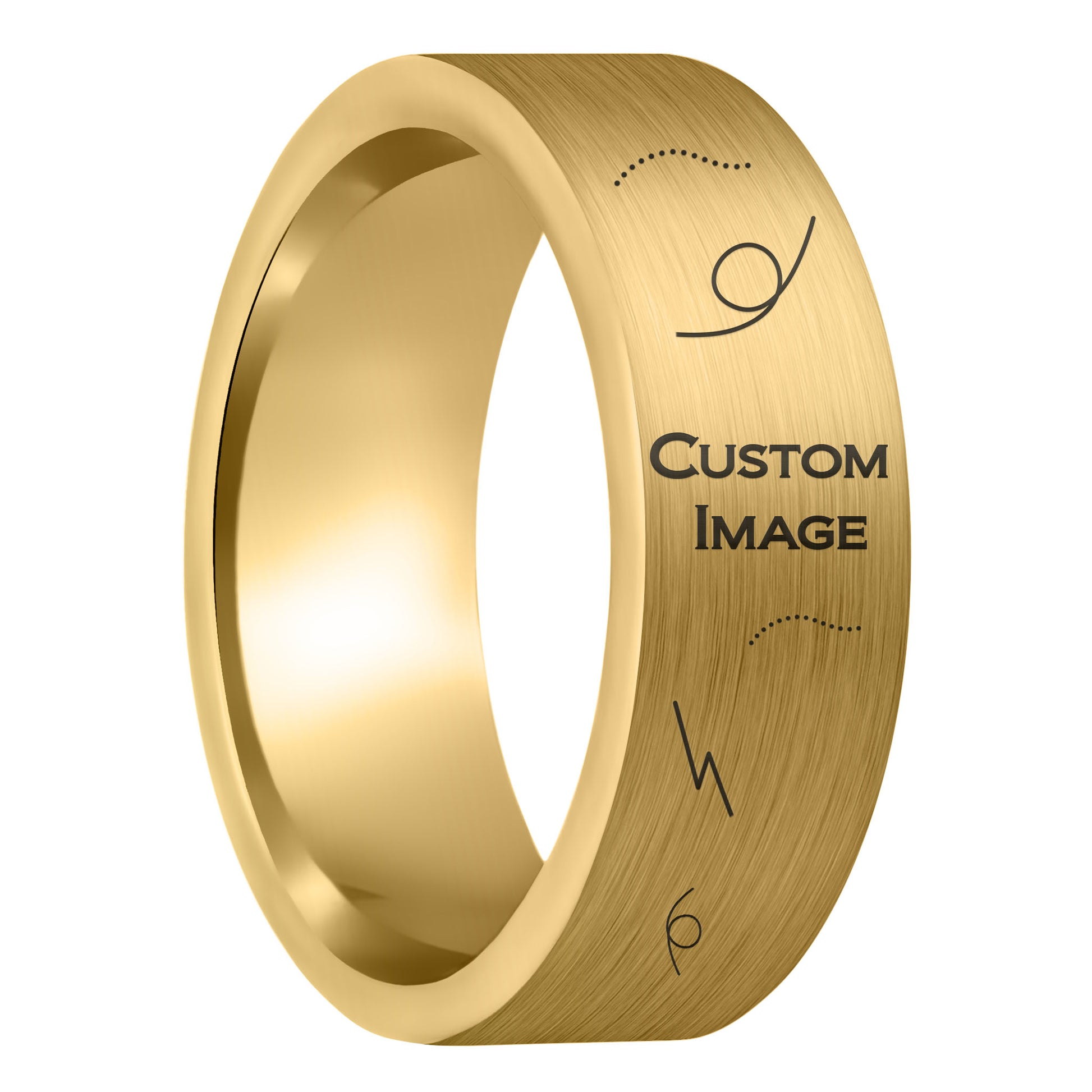 A custom image engraved brushed gold tungsten men's wedding band displayed on a plain white background.