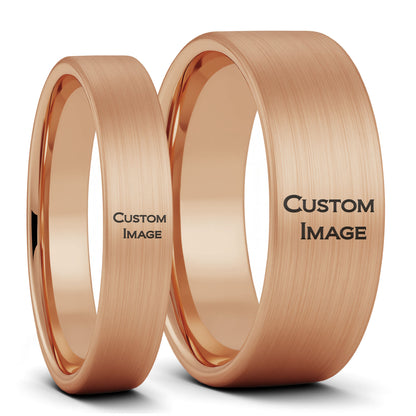 Custom Image Engraved Brushed Tungsten Couple's Matching Ring Set