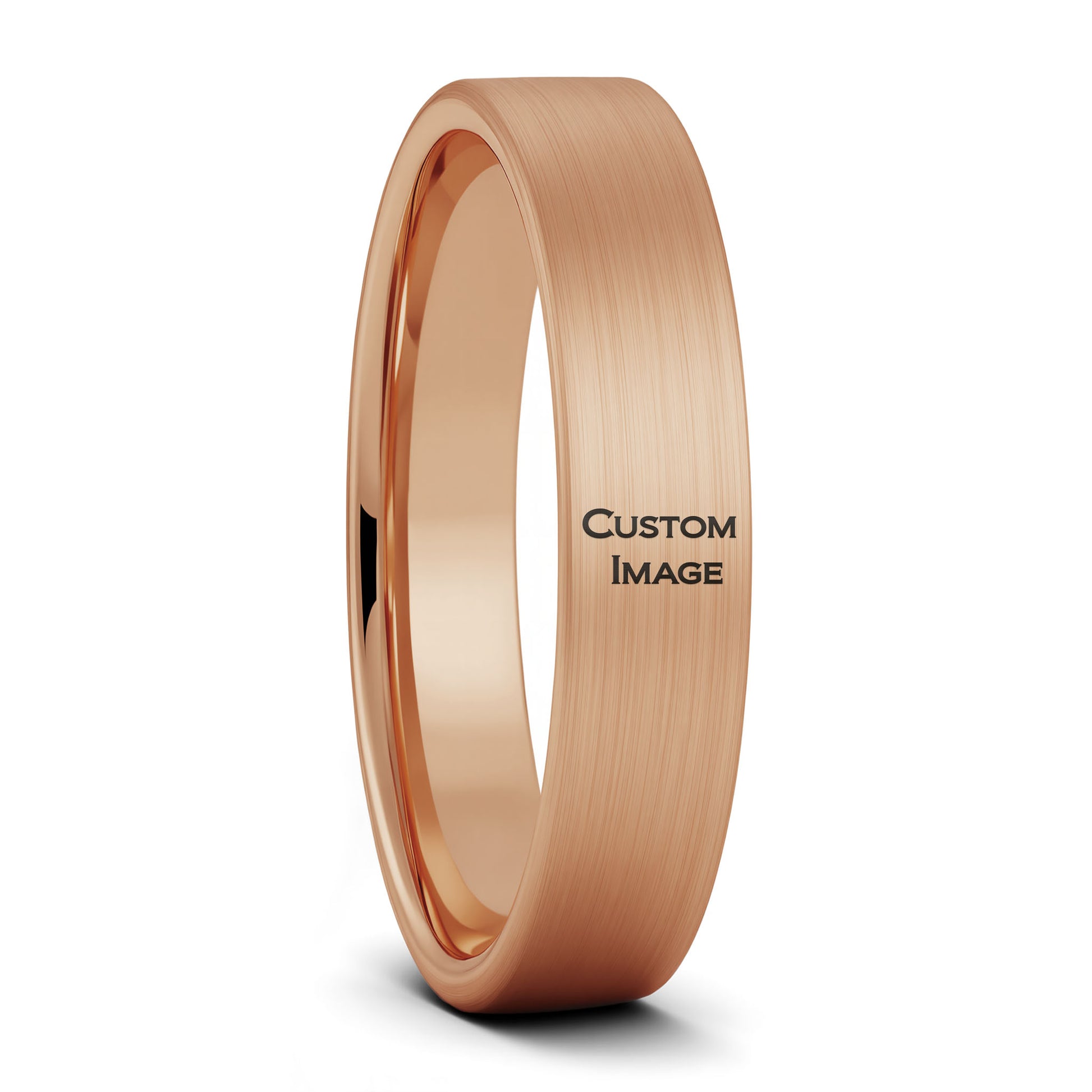 A custom image engraved brushed rose gold tungsten women's wedding band displayed on a plain white background.