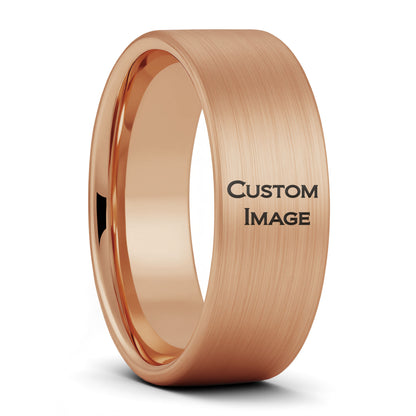 A custom image engraved brushed rose gold tungsten men's wedding band displayed on a plain white background.
