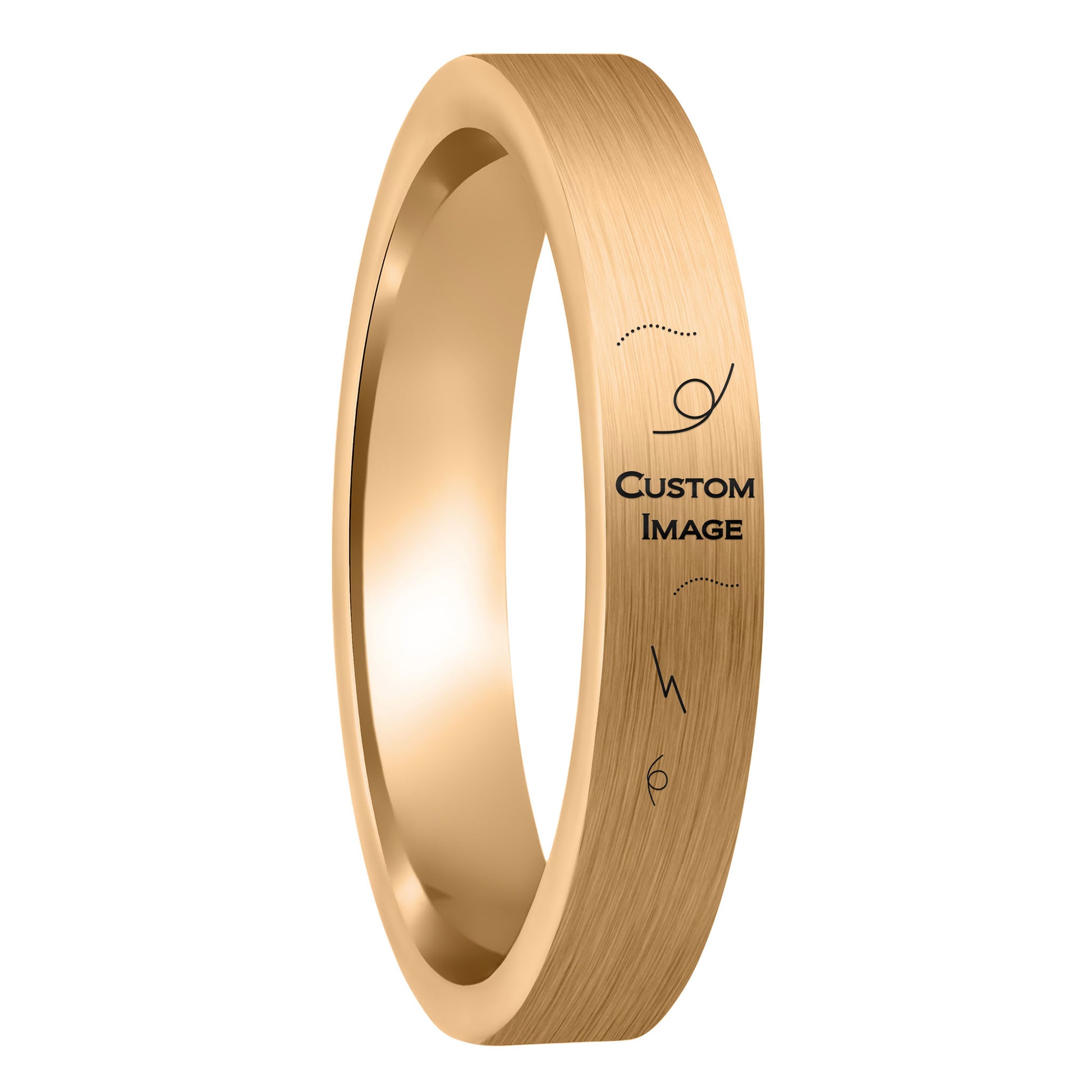 A custom image engraved brushed rose gold tungsten women's wedding band displayed on a plain white background.