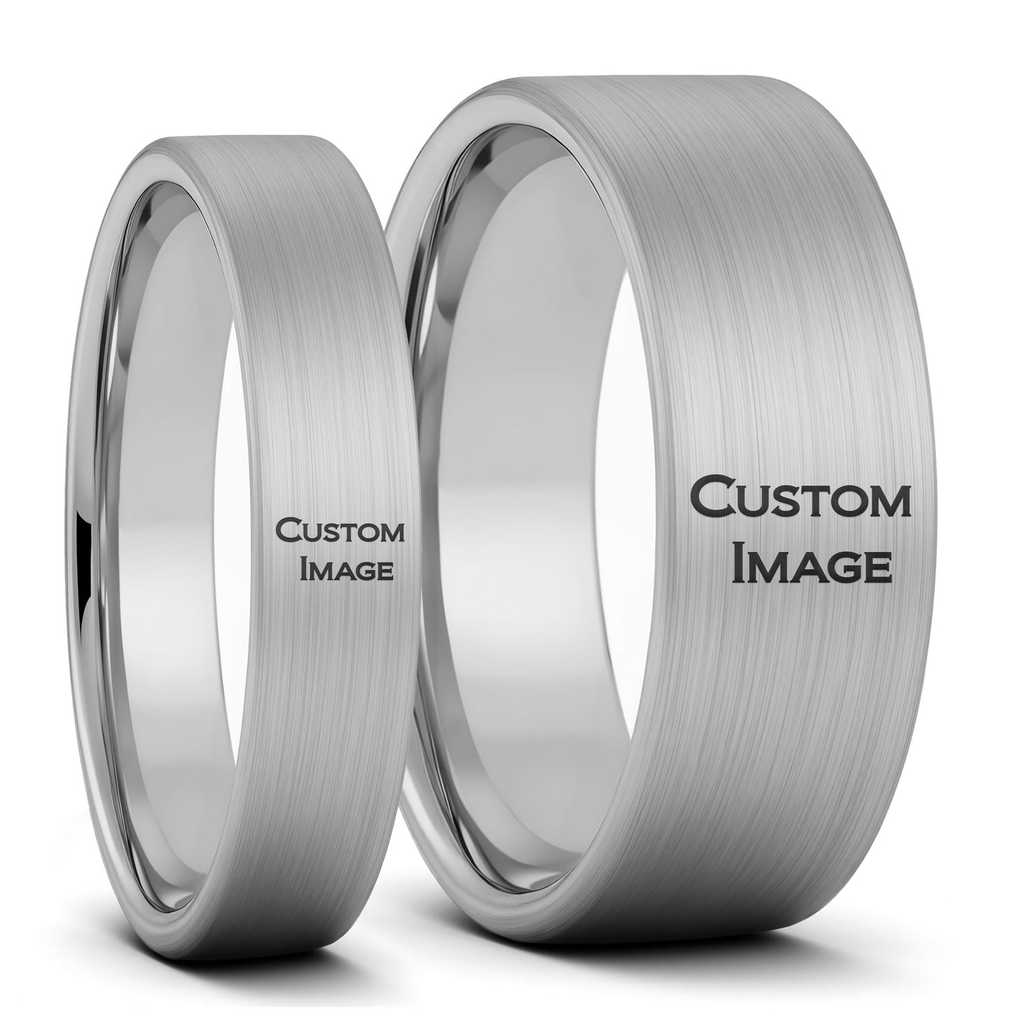 Custom Image Engraved Brushed Tungsten Couple's Matching Ring Set