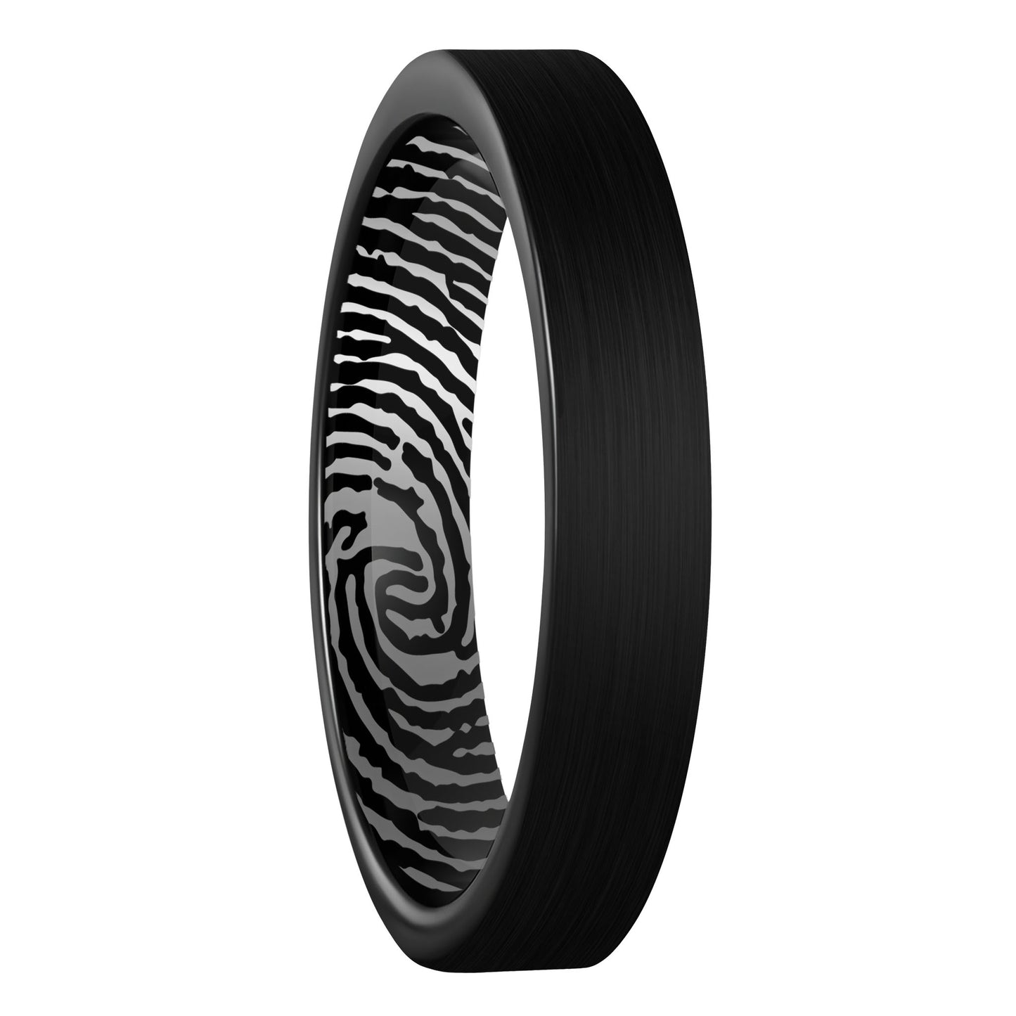 A custom inside fingerprint brushed black tungsten women's wedding band displayed on a plain white background.