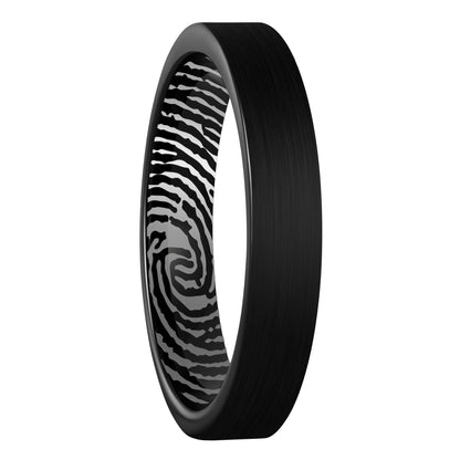A custom inside fingerprint brushed black tungsten women's wedding band displayed on a plain white background.