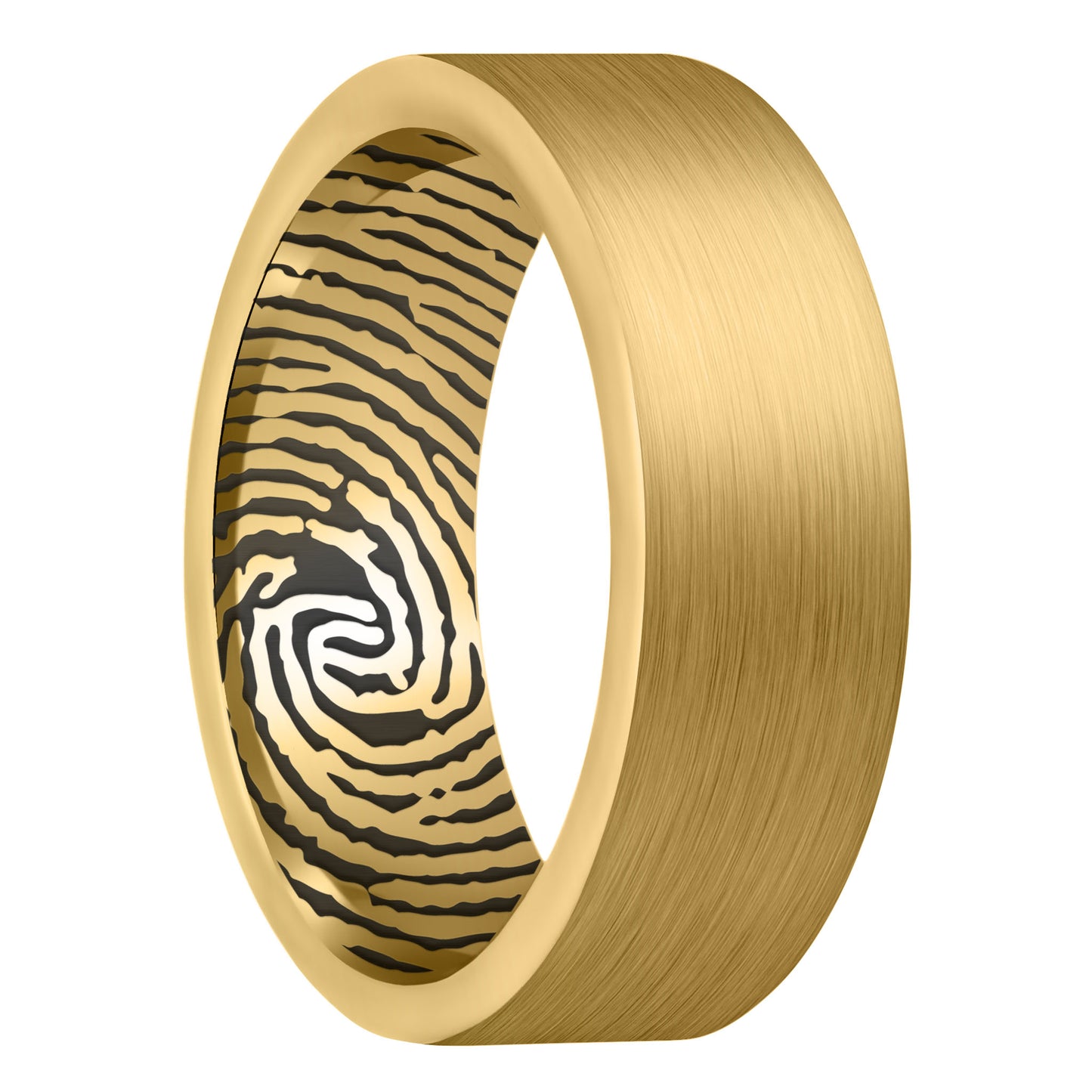 A custom inside fingerprint brushed gold tungsten men's wedding band displayed on a plain white background.