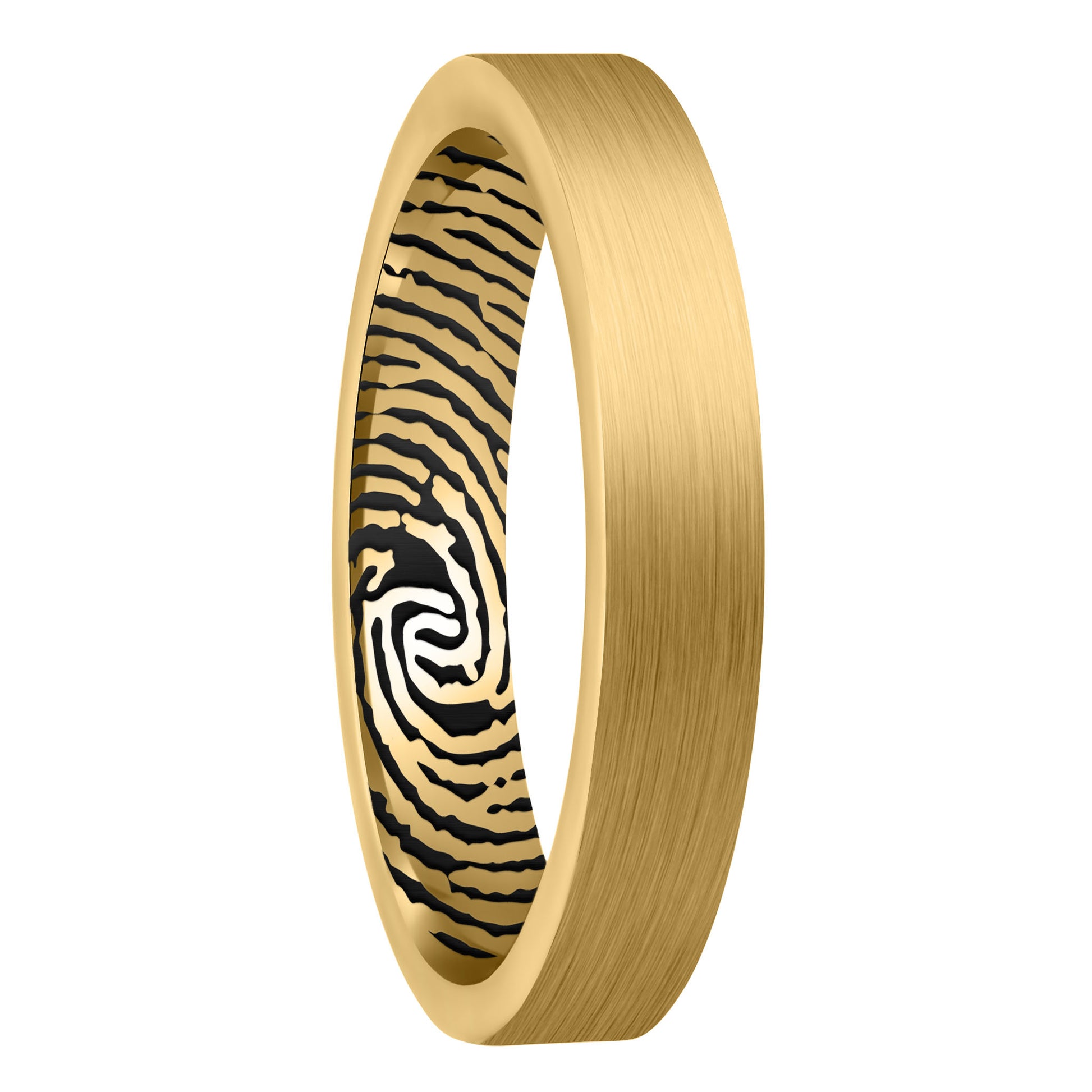 A custom inside fingerprint brushed gold tungsten women's wedding band displayed on a plain white background.
