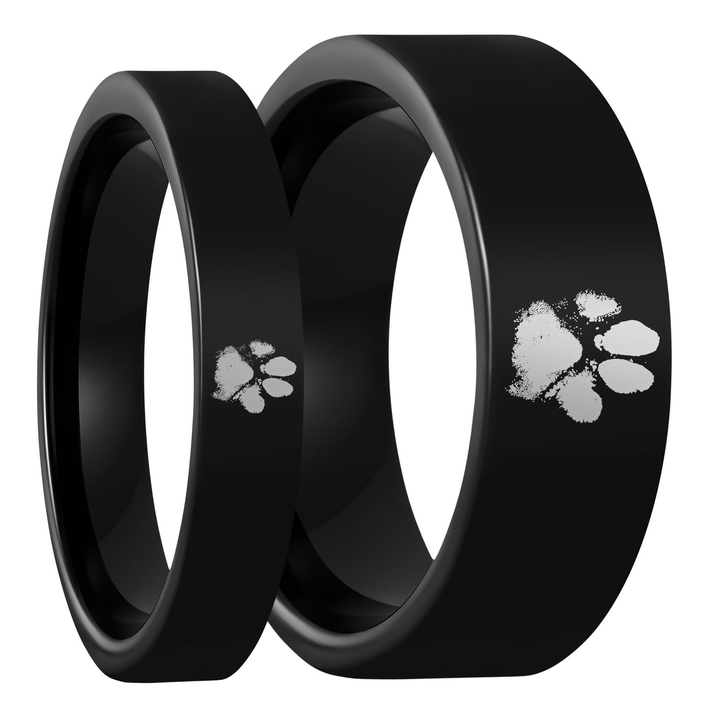 Custom Paw Print Black Tungsten Couple's Matching Ring Set