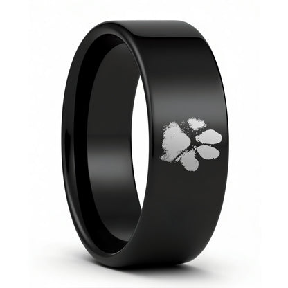 One Custom Paw Print Black Tungsten Men's Wedding Band displayed on a plain white background