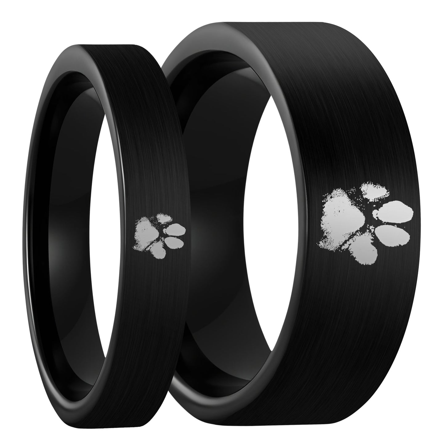 Custom Paw Print Brushed Black Tungsten Couple's Matching Ring Set