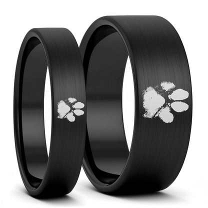 Custom Paw Print Brushed Tungsten Couple's Matching Ring Set