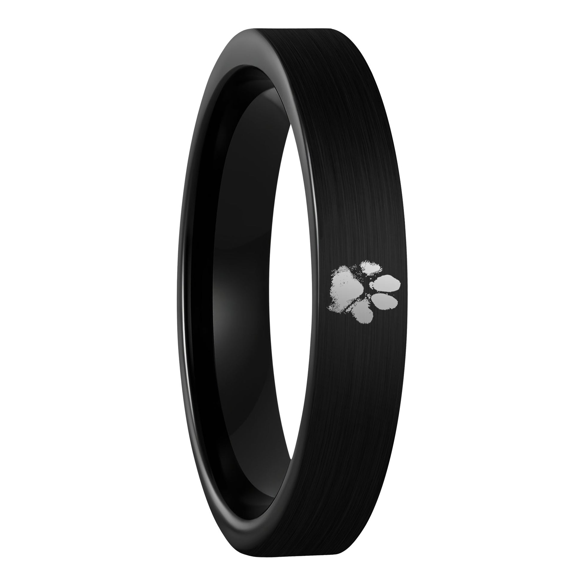 A custom paw print brushed black tungsten women's wedding band displayed on a plain white background.