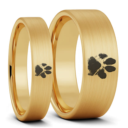 Custom Paw Print Brushed Tungsten Couple's Matching Ring Set