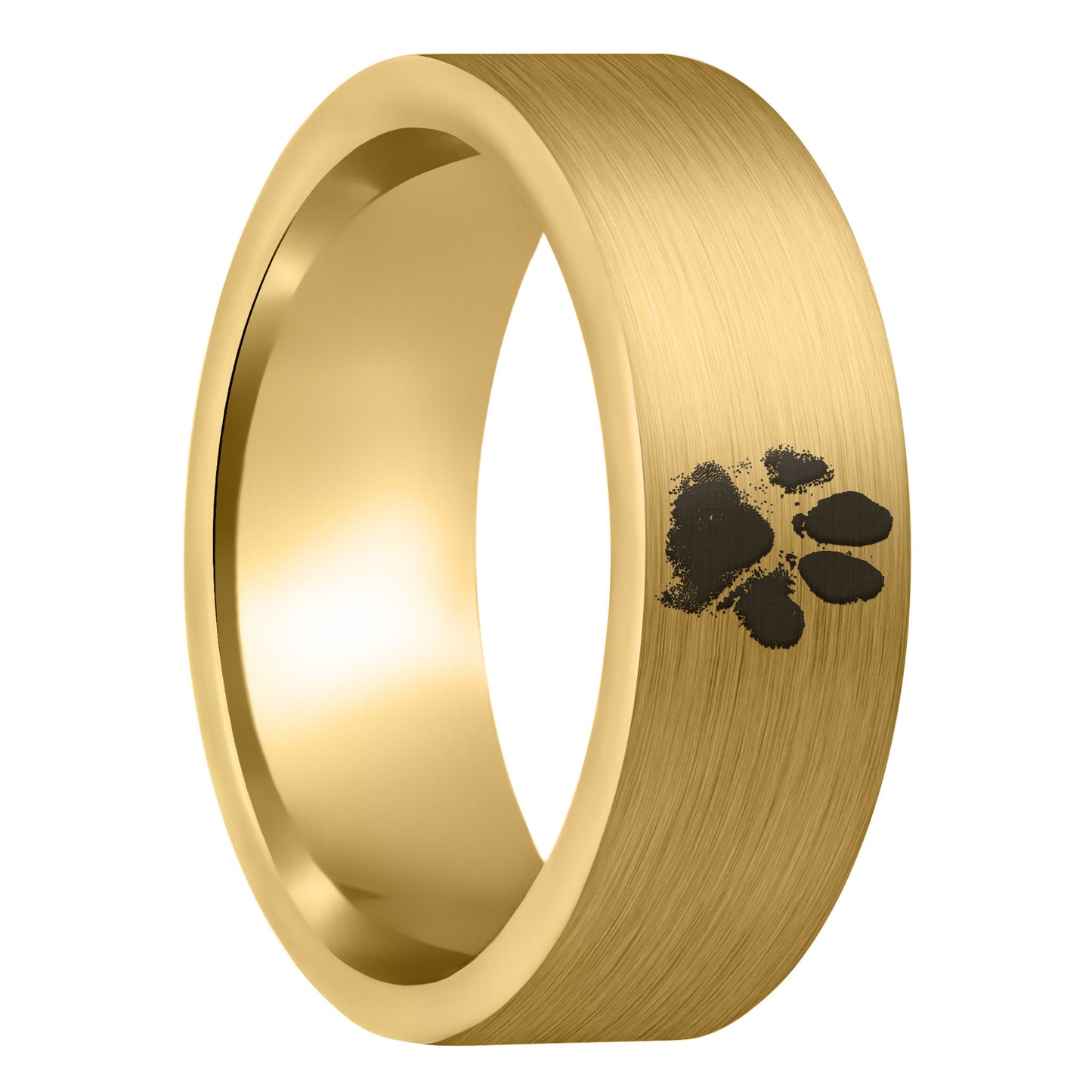 A custom paw print brushed gold tungsten men's wedding band displayed on a plain white background.