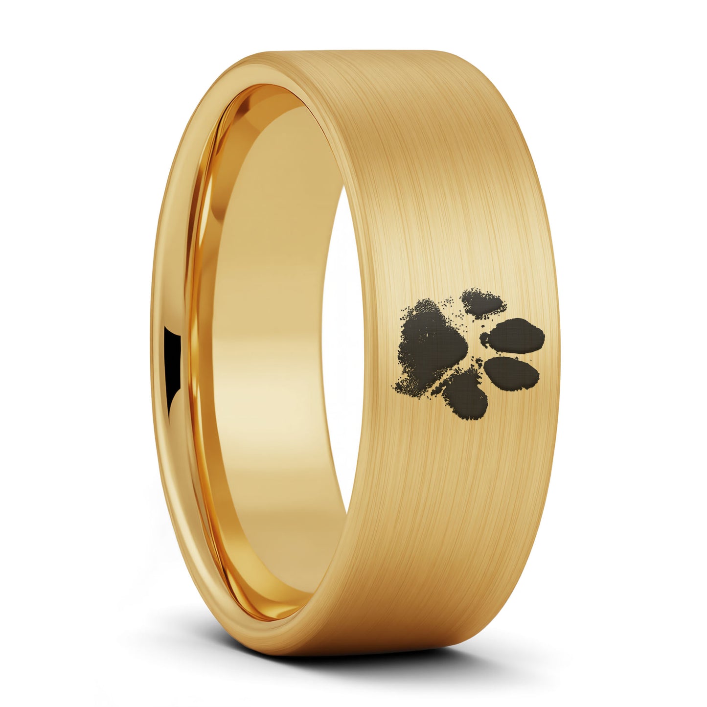 A custom paw print brushed gold tungsten men's wedding band displayed on a plain white background.