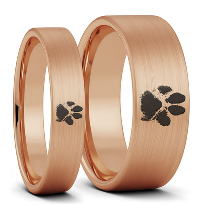 Custom Paw Print Brushed Tungsten Couple's Matching Ring Set