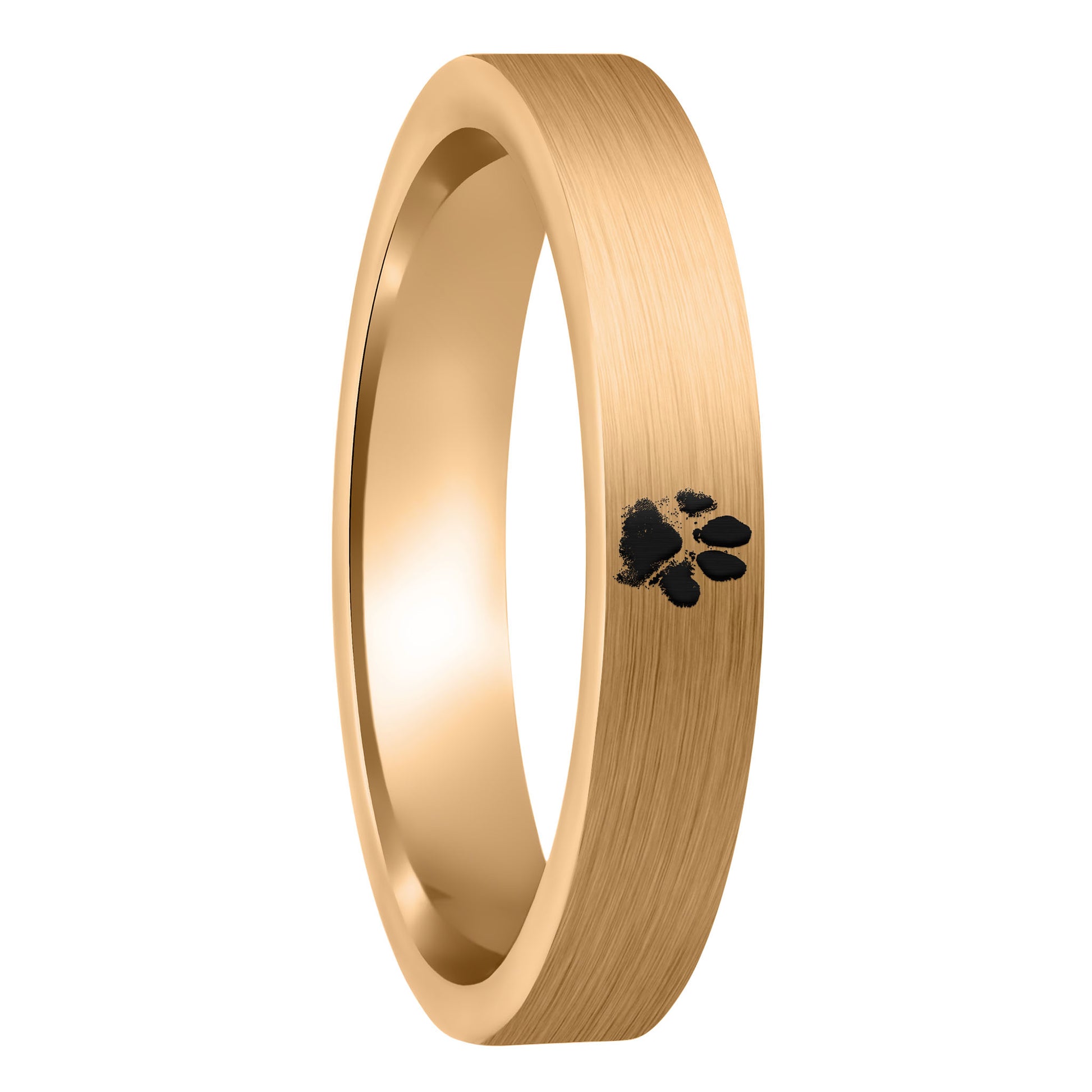 A custom paw print brushed rose gold tungsten women's wedding band displayed on a plain white background.