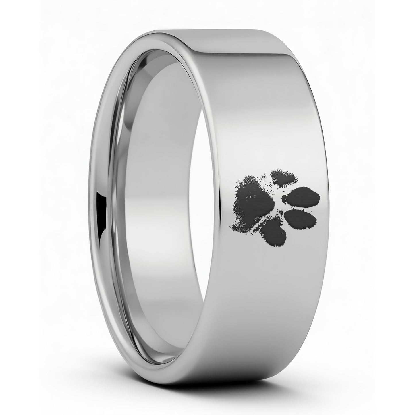 One Custom Paw Print Tungsten Men's Wedding Band displayed on a plain white background