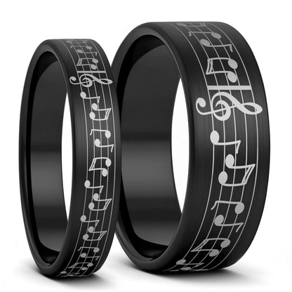Ensemble de bagues assorties pour couple en tungstène brossé avec notes de musique personnalisées