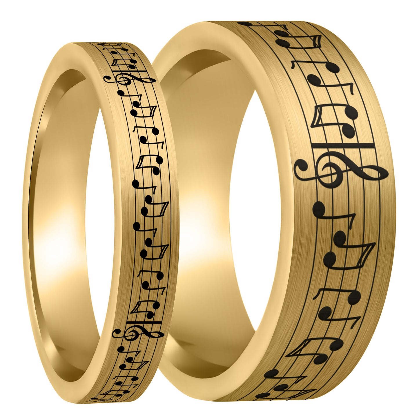 Anillo de pareja de tungsteno dorado cepillado con notas musicales y canción personalizada