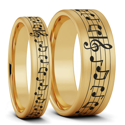 Ensemble de bagues assorties pour couple en tungstène brossé avec notes de musique personnalisées
