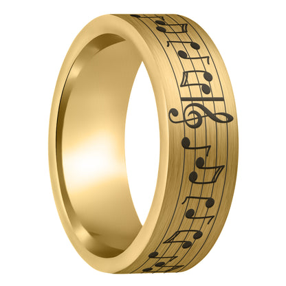 Anillo de tungsteno dorado cepillado con notas musicales y canción personalizada para hombre