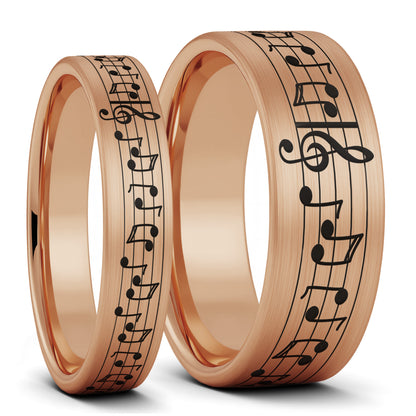 Ensemble de bagues assorties pour couple en tungstène brossé avec notes de musique personnalisées