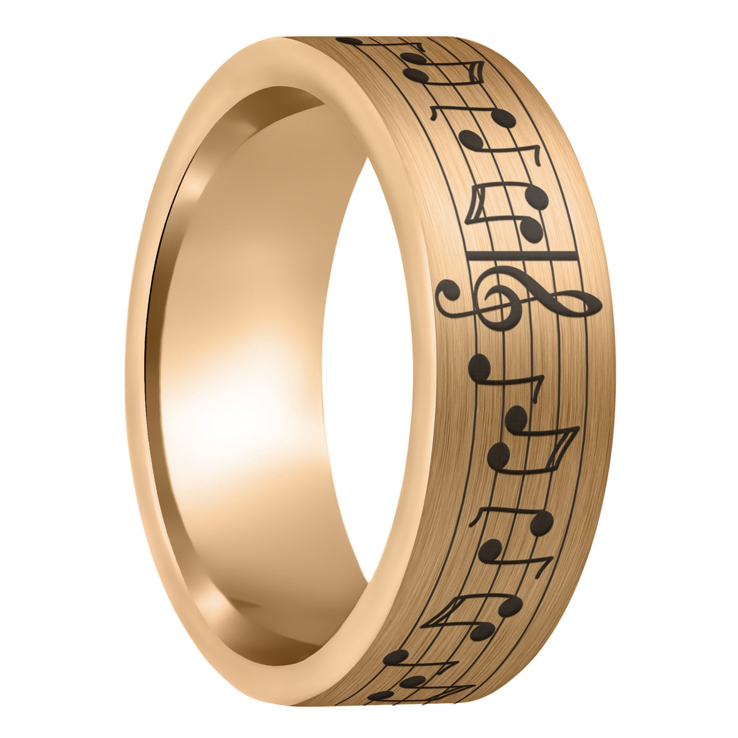 Anillo de tungsteno dorado cepillado con notas musicales y canción personalizada para hombre