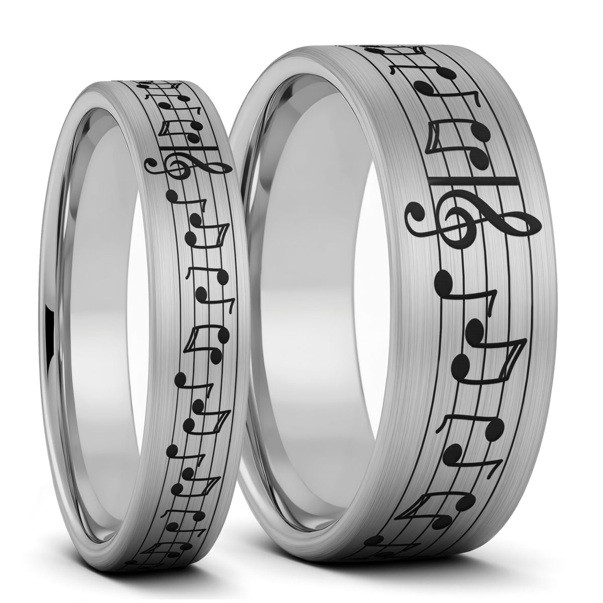 Custom Song Music Notes Brushed Tungsten Couple's Matching Ring Set