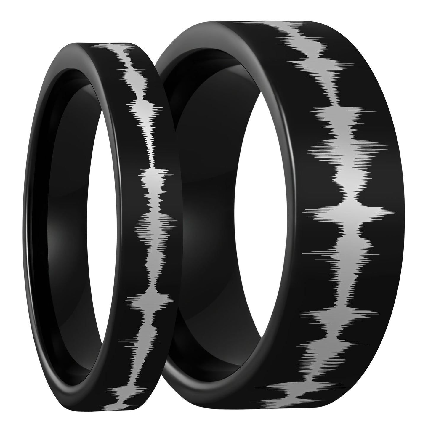 Custom Soundwave Black Tungsten Couple's Matching Ring Set