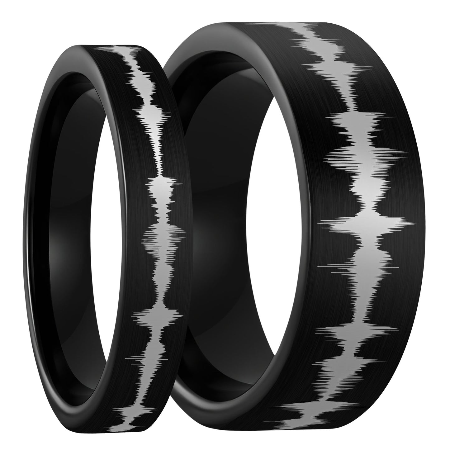 Custom Soundwave Brushed Black Tungsten Couple's Matching Ring Set