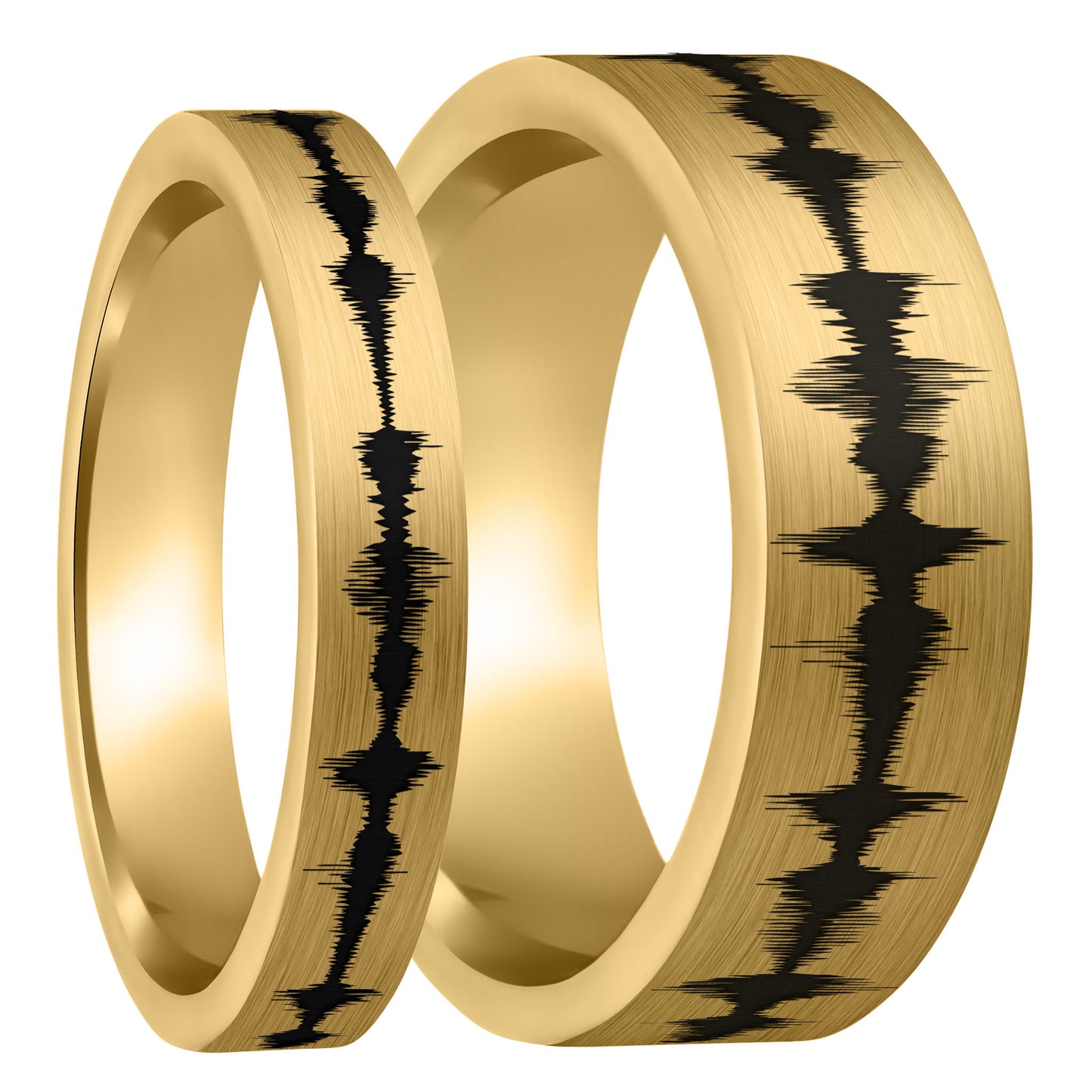 Custom Soundwave Brushed Gold Tungsten Couple's Matching Ring Set