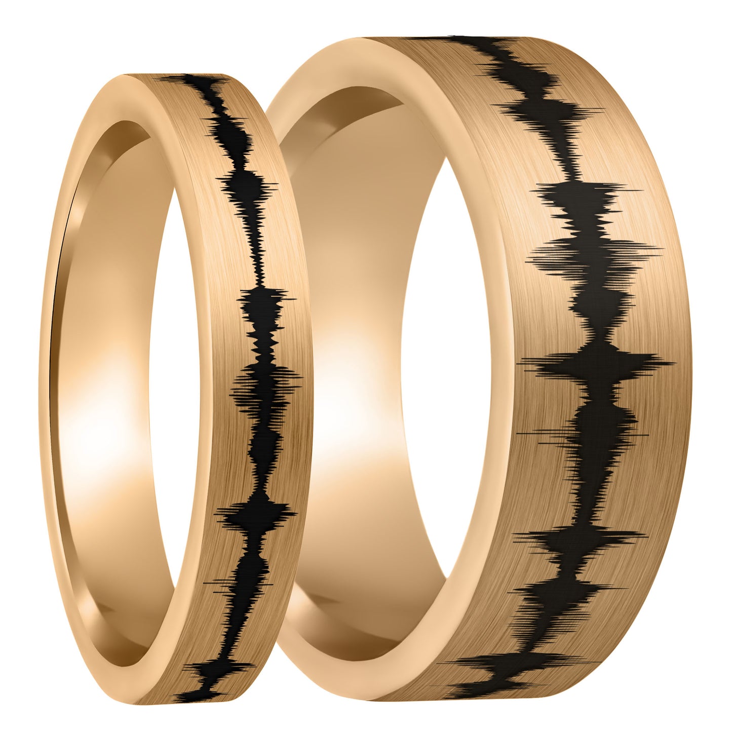 Custom Soundwave Brushed Rose Gold Tungsten Couple's Matching Ring Set