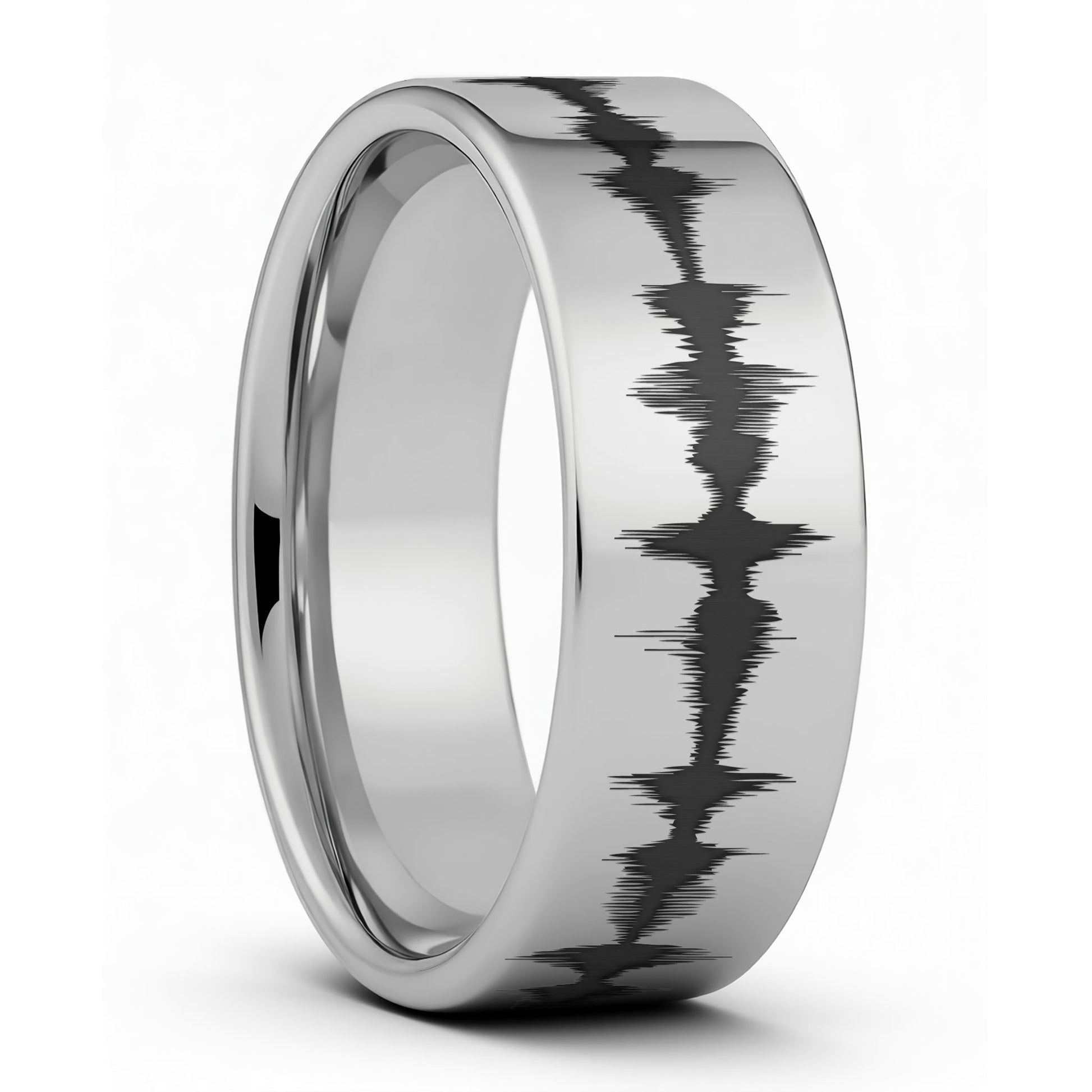 One Custom Soundwave Tungsten Men's Wedding Band displayed on a plain white background