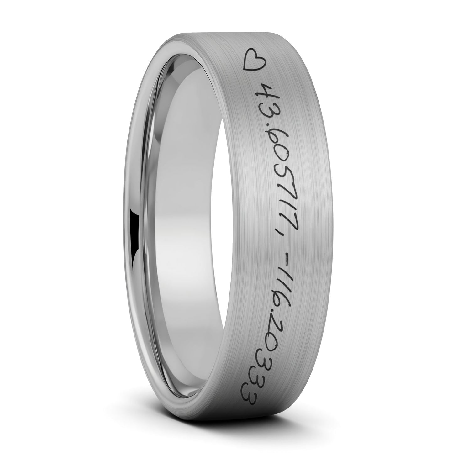 Custom Handwritten Coordinates Brushed Tungsten Men's Ring