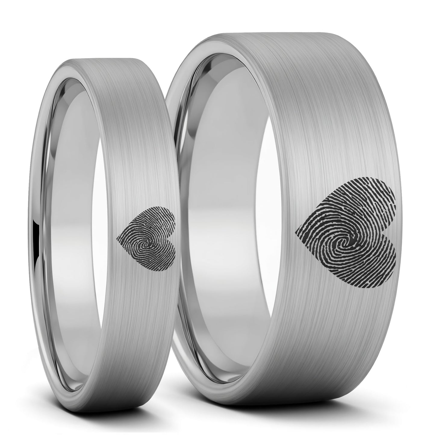 Custom Heart Fingerprint Brushed Tungsten Couple's Matching Ring Set
