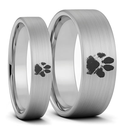 Custom Paw Print Brushed Tungsten Couple's Matching Ring Set