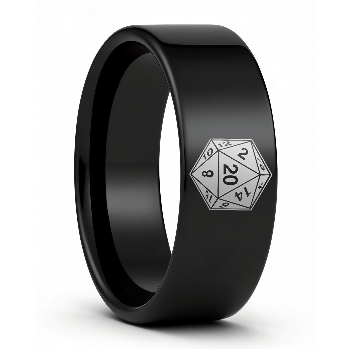 One D20 Black Tungsten Men's Wedding Band displayed on a plain white background