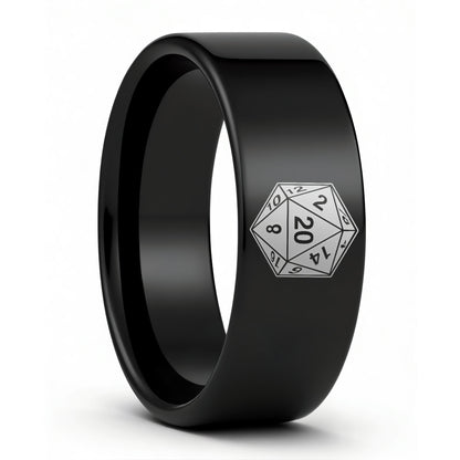 One D20 Black Tungsten Men's Wedding Band displayed on a plain white background