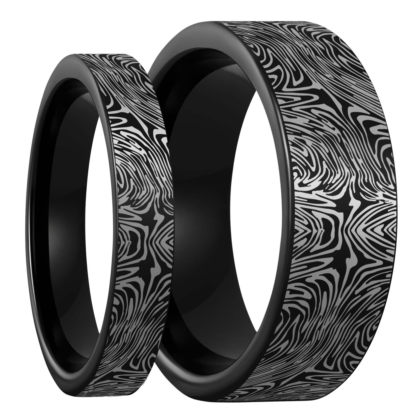 Alianza de boda de tungsteno negro grabada con patrón de línea de acero de Damasco