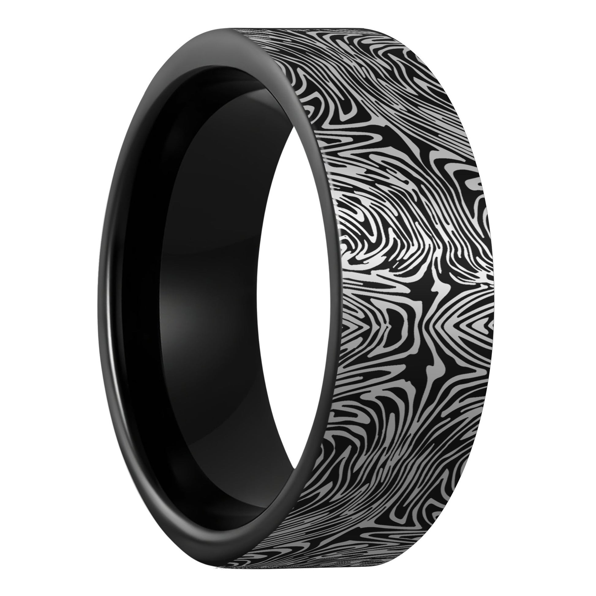 Damascus Steel Pattern Engraved Black Tungsten Men's Ring