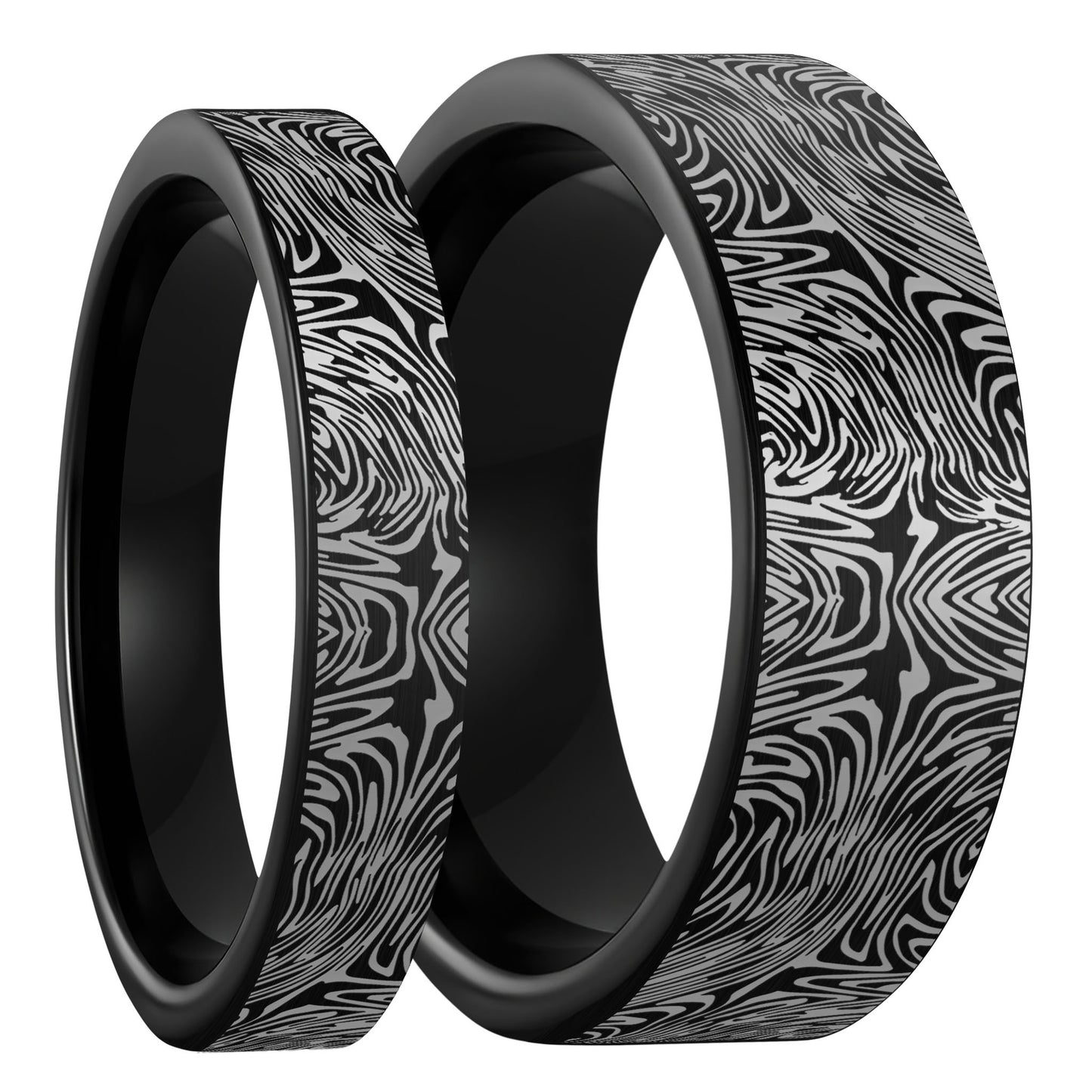 Damascus Steel Pattern Engraved Brushed Black Tungsten Couple's Matching Wedding Band Set