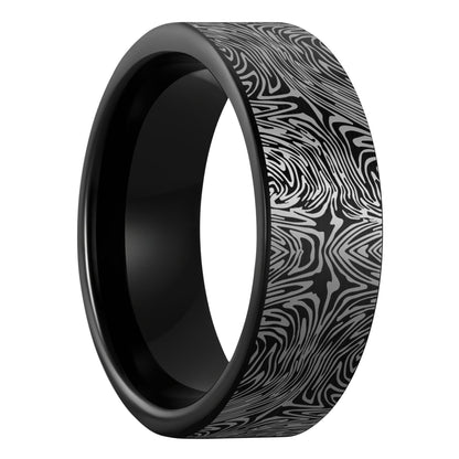 A damascus steel pattern engraved brushed black tungsten men's wedding band displayed on a plain white background.