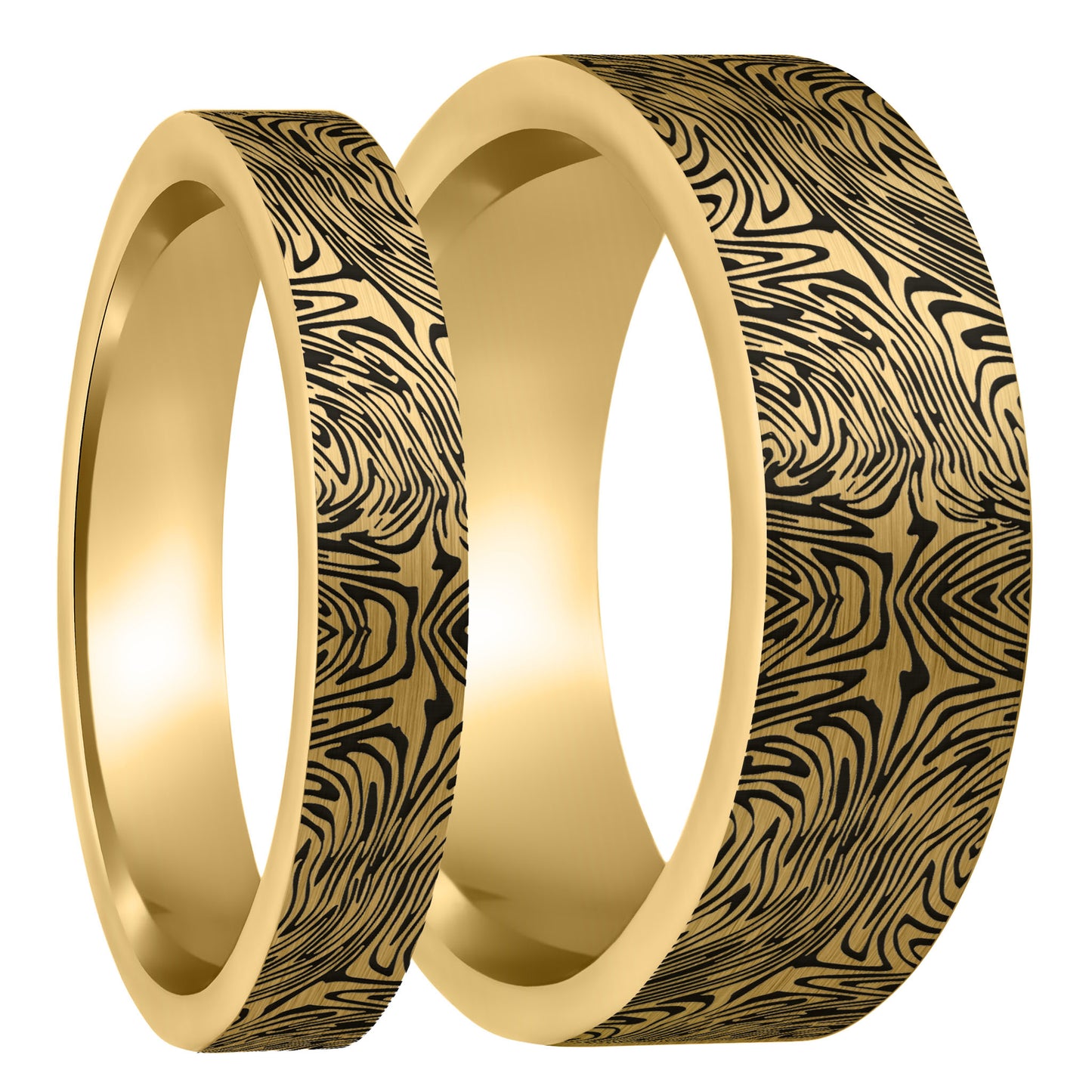 Damascus Steel Pattern Engraved Brushed Gold Tungsten Couple's Matching Wedding Band Set