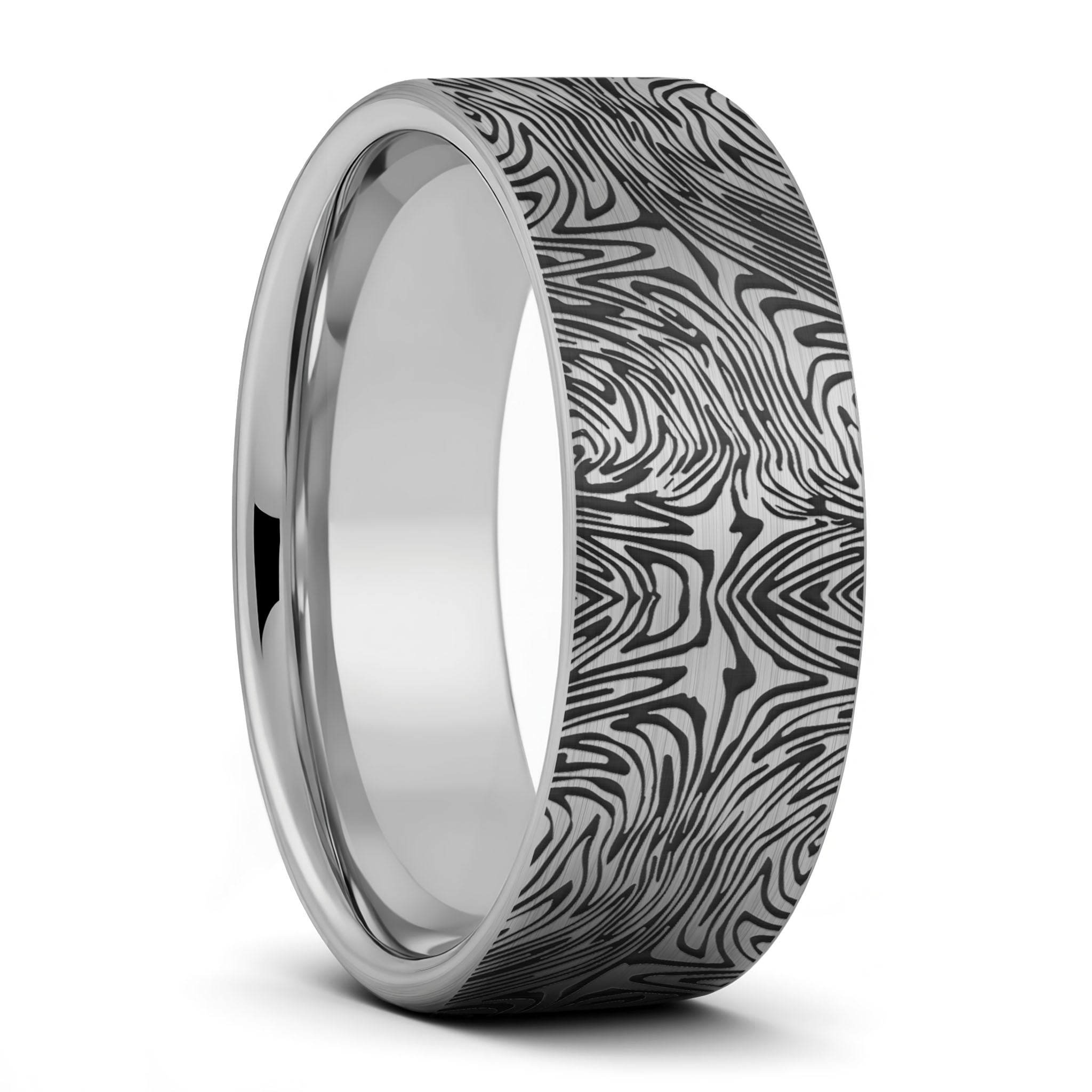 Damascus Steel Pattern Engraved Brushed Tungsten Men's Wedding